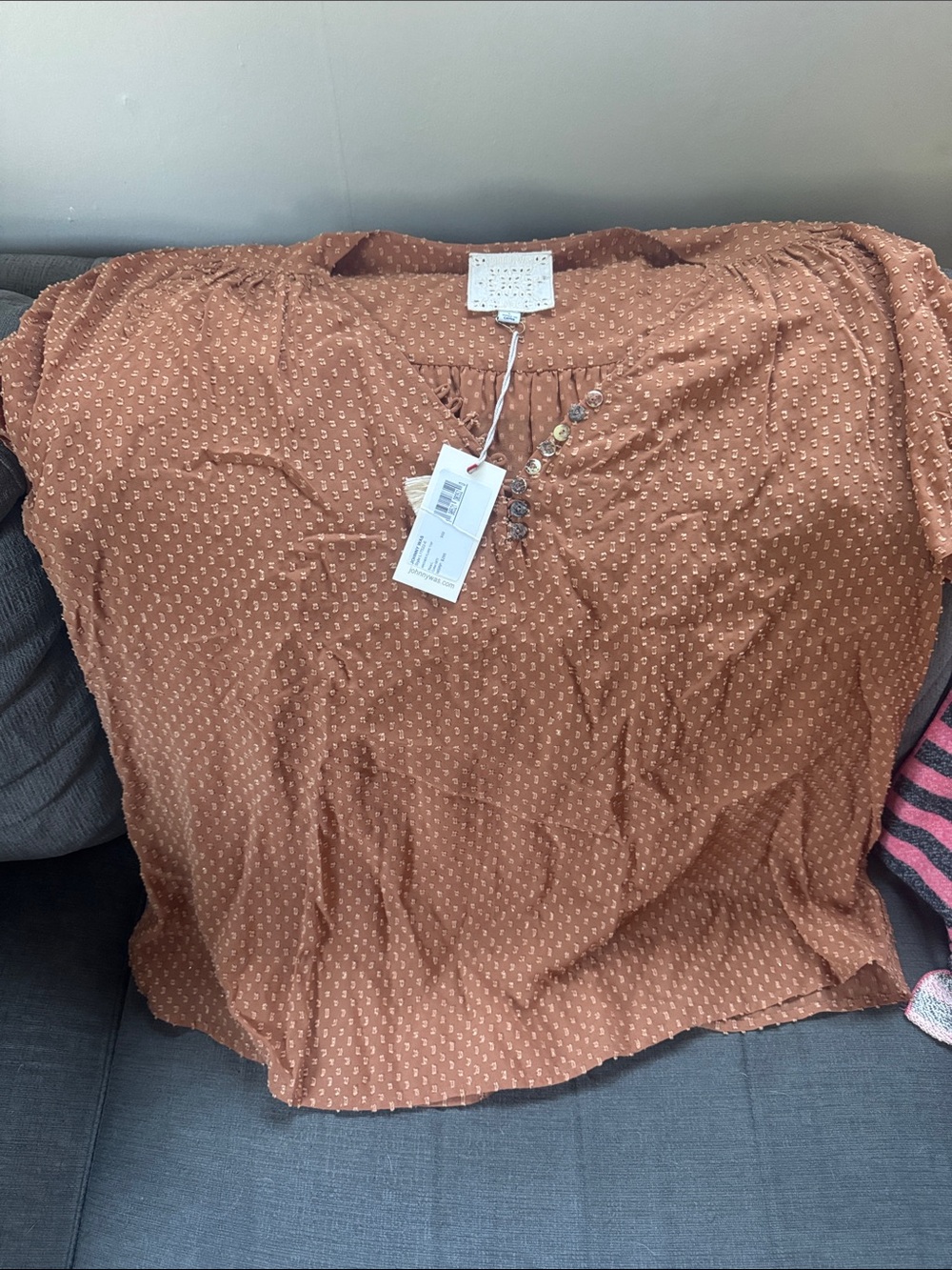 Johnny Was Rust Brown Printed Button-Accent Blouse